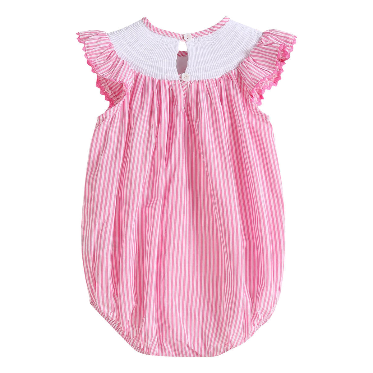 PINK STRIPED FLAMINGO SMOCKED FLUTTER ROMPER