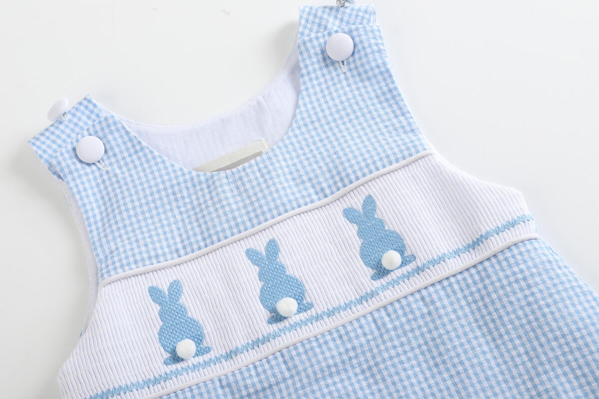 BLUE GINGHAM EASTER BUNNY SMOCKED SHORTALLS