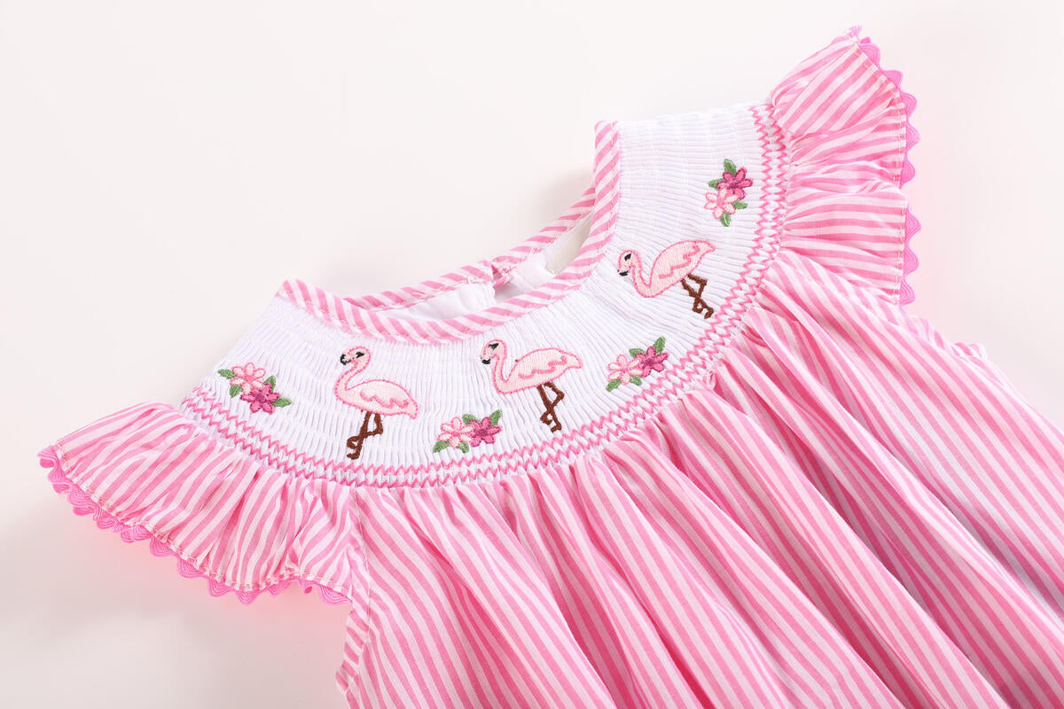 PINK STRIPED FLAMINGO SMOCKED FLUTTER ROMPER