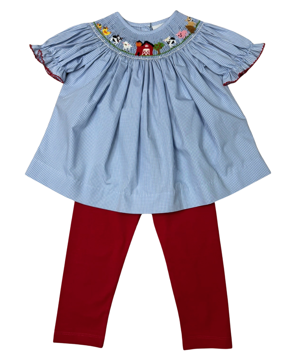 LIGHT BLUE CHECK SMOCKED FARM ANIMALS SS BISHOP PANT SET