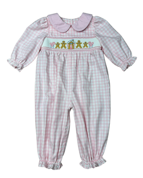 PINK CHECKED SMOCKED LONG ROMPER - GINGER BREAD HOUSE