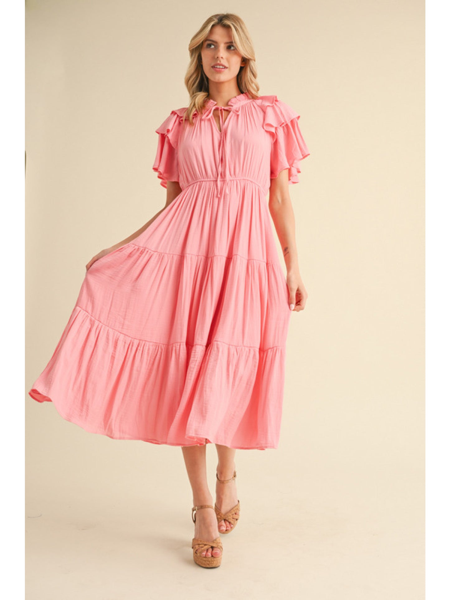 FRILLED TIE NECK MIDI DRESS - PINK