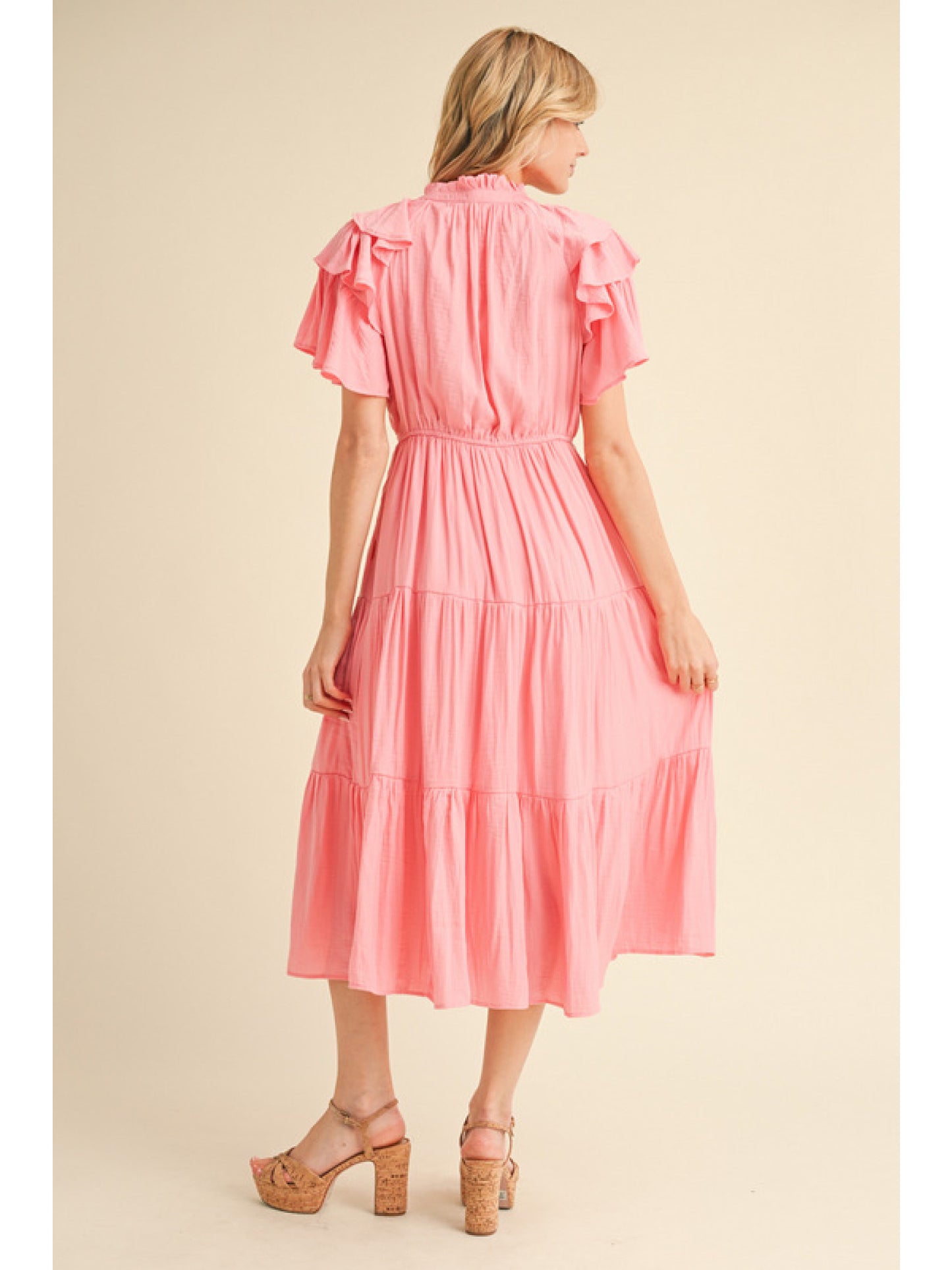FRILLED TIE NECK MIDI DRESS - PINK