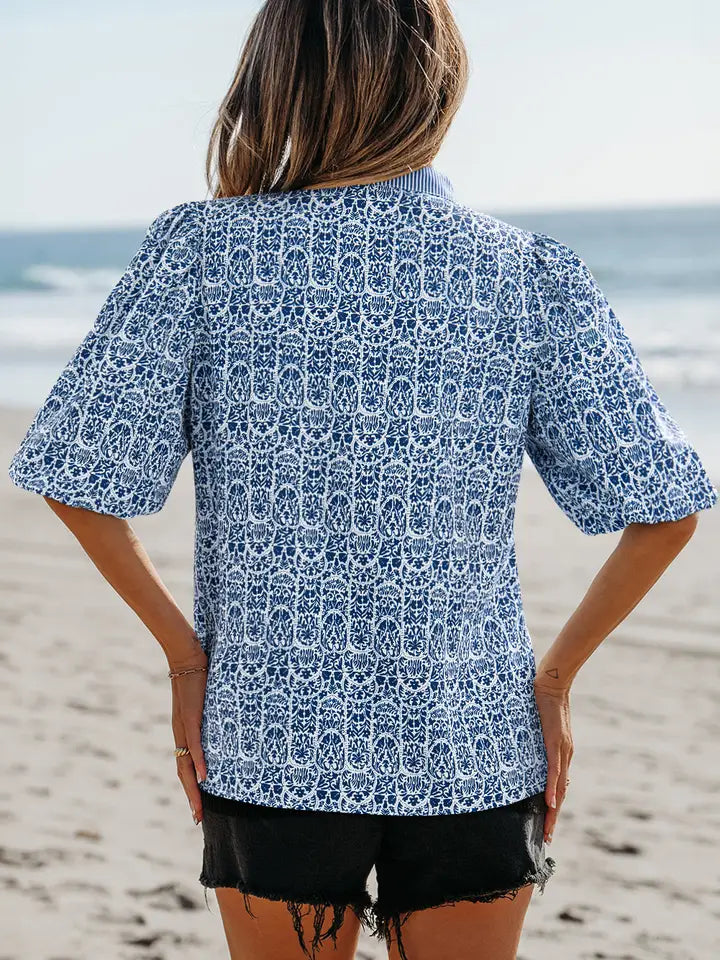 BLUE FLORAL STRIPED PRINT CONTRAST RIC-RAC PUFF SLEEVE TOP - BLUE