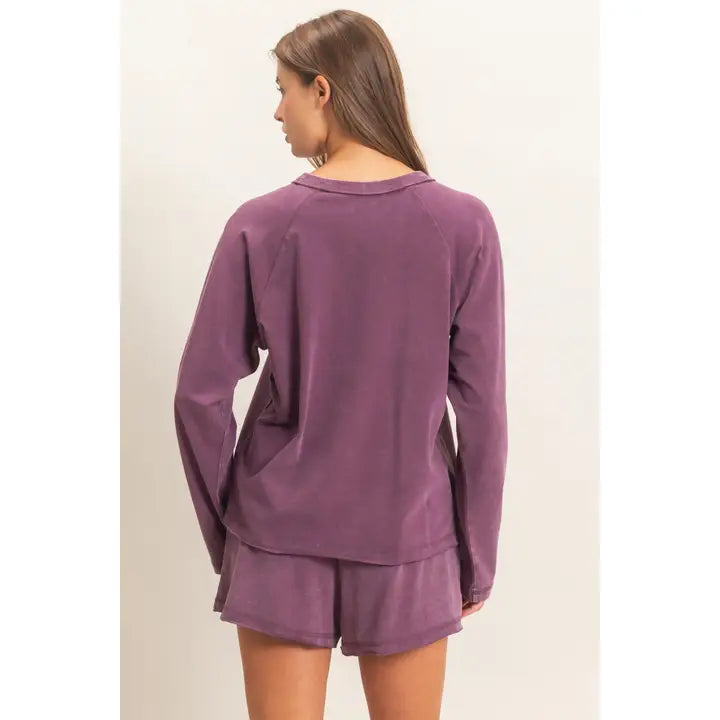 MINERAL WASH LONG SLEEVE RAW EDGE TOP & SHORT SET - BLACK