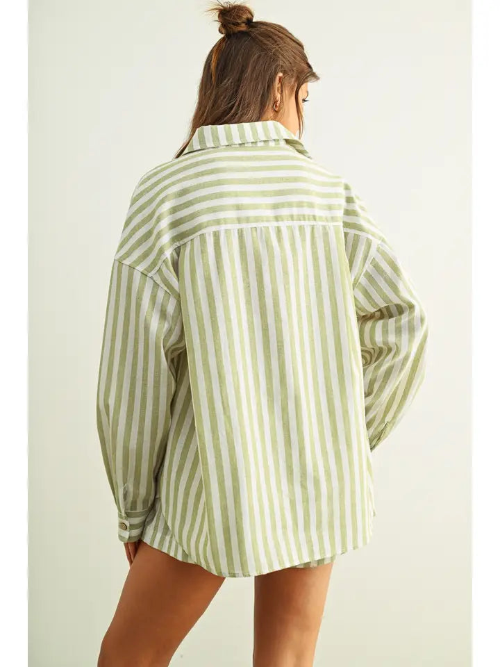 STRIPED BUTTON DOWN LINEN SHIRT - SAGE