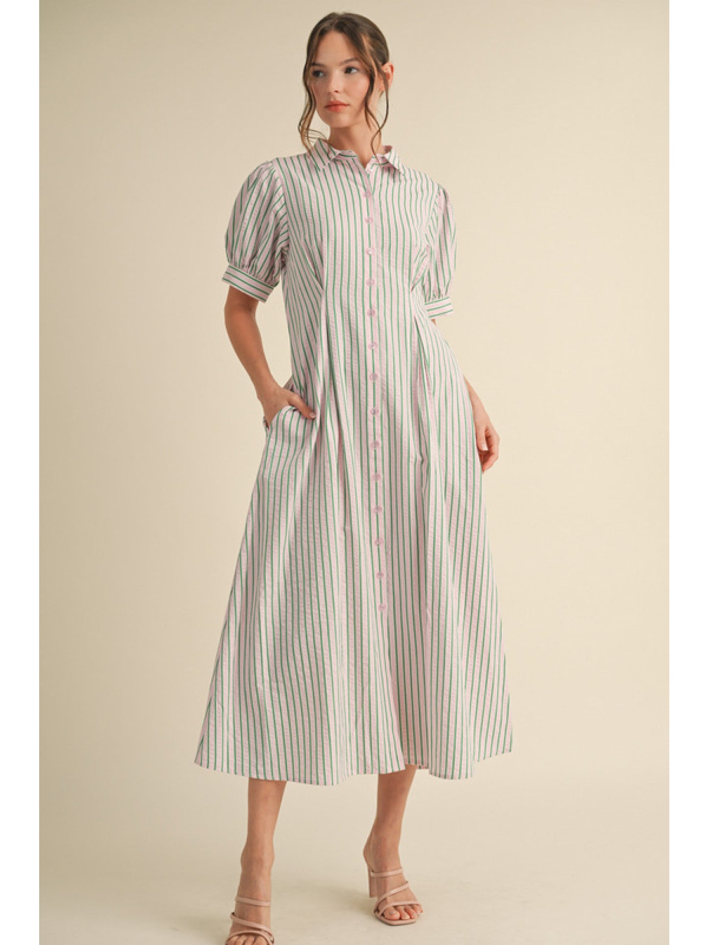 STRIPED MIDI FLARE DRESS - PINK