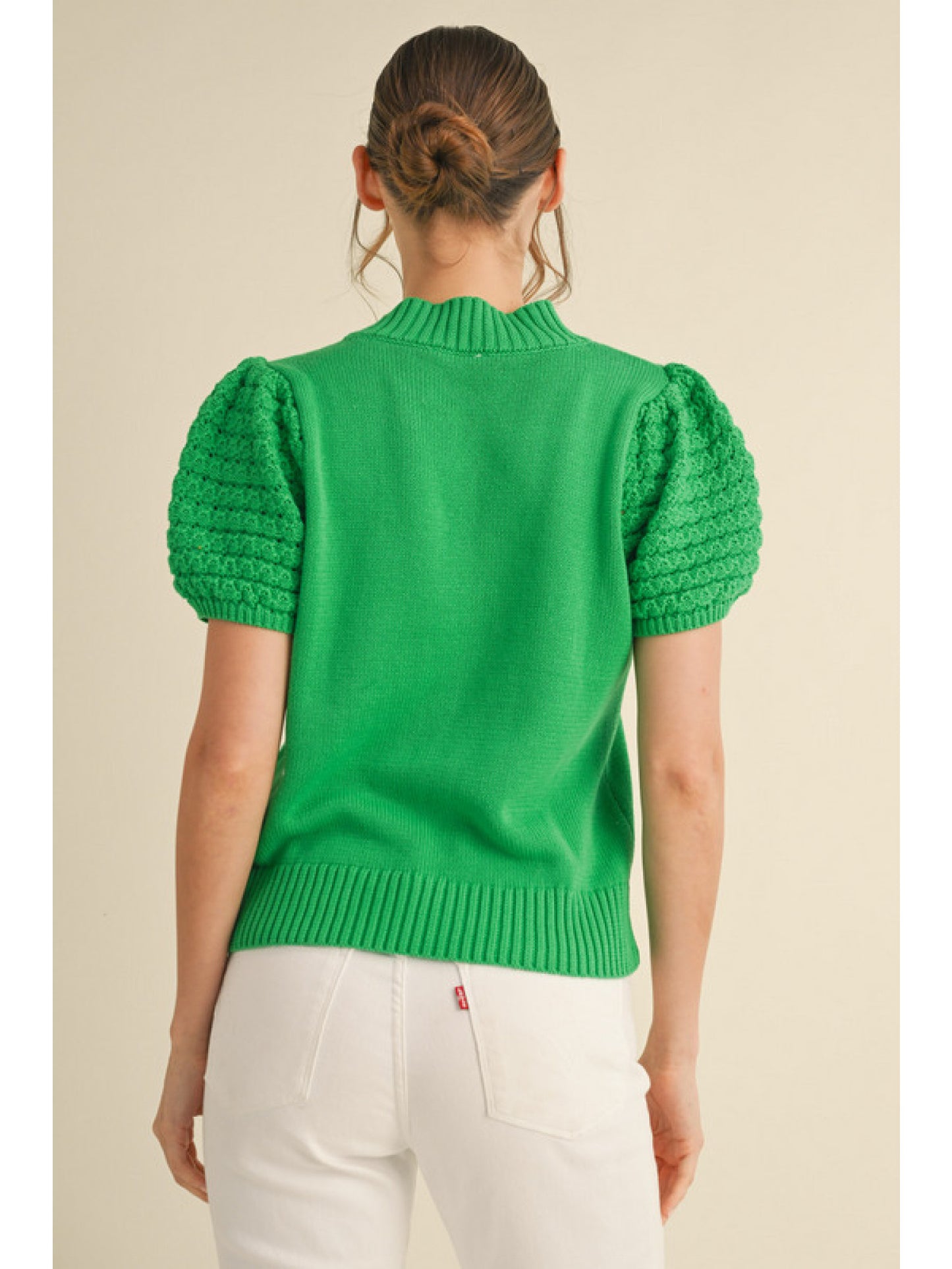 SOLID KNIT TOP W/ CROCHET - APPLE GREEN