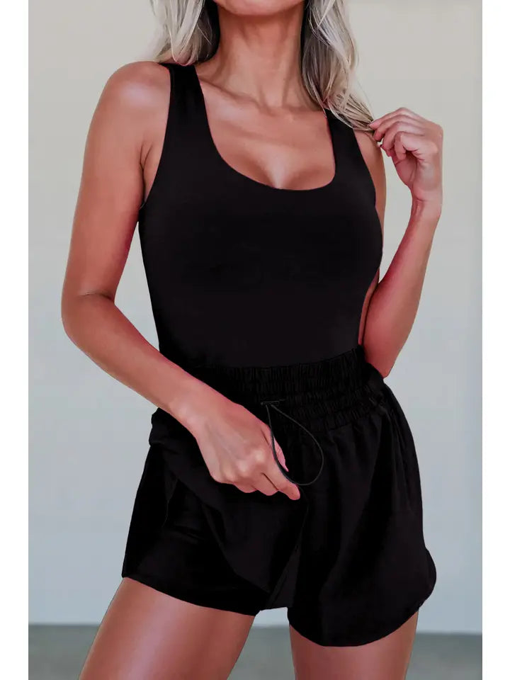 SOLID SLEEVELESS DRAWSTRING WAIST ROMPER - BLACK