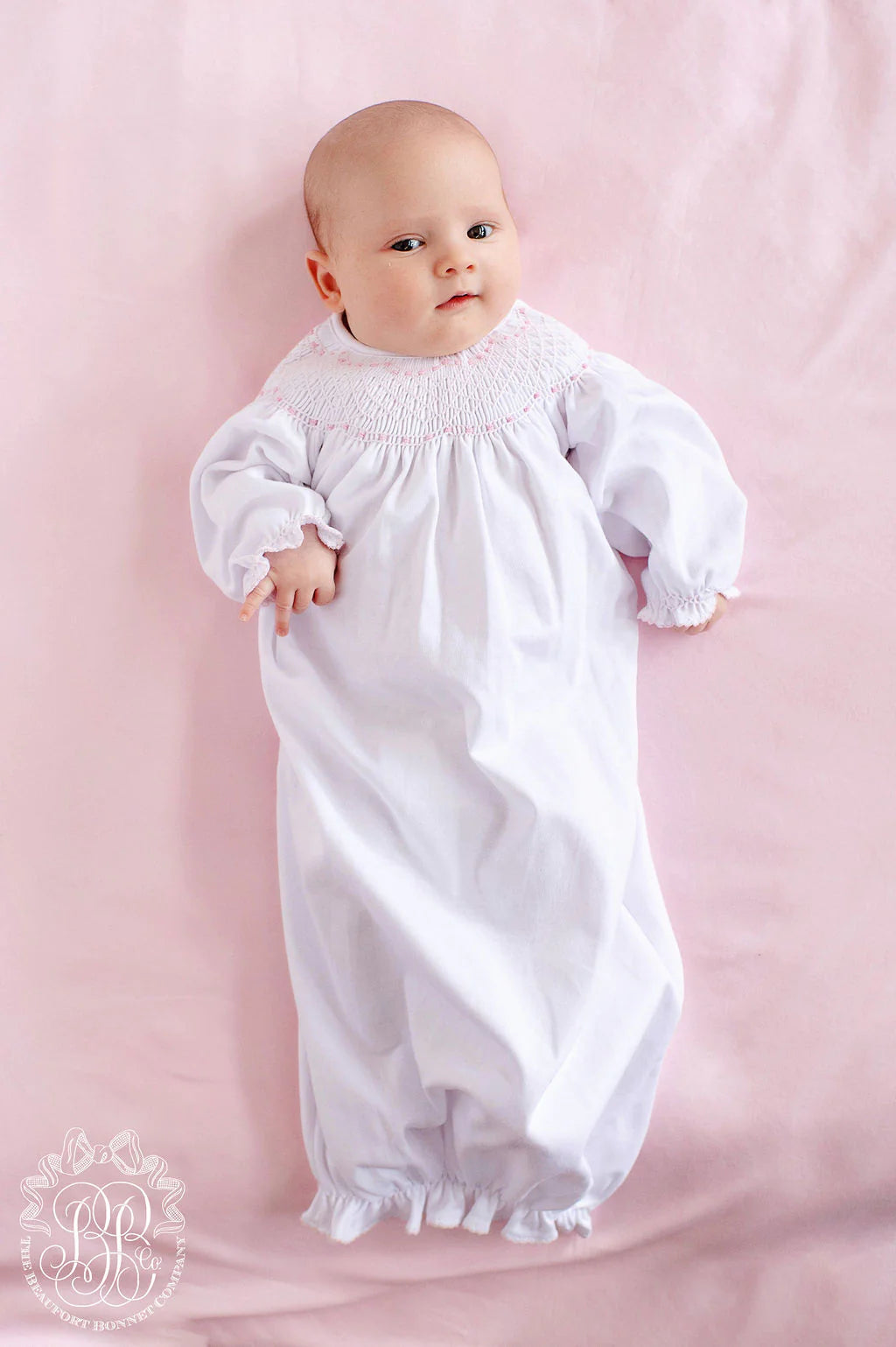 SWEETLY SMOCKED GREETING GOWN - WORTH WHITE/PALM BEACH PINK