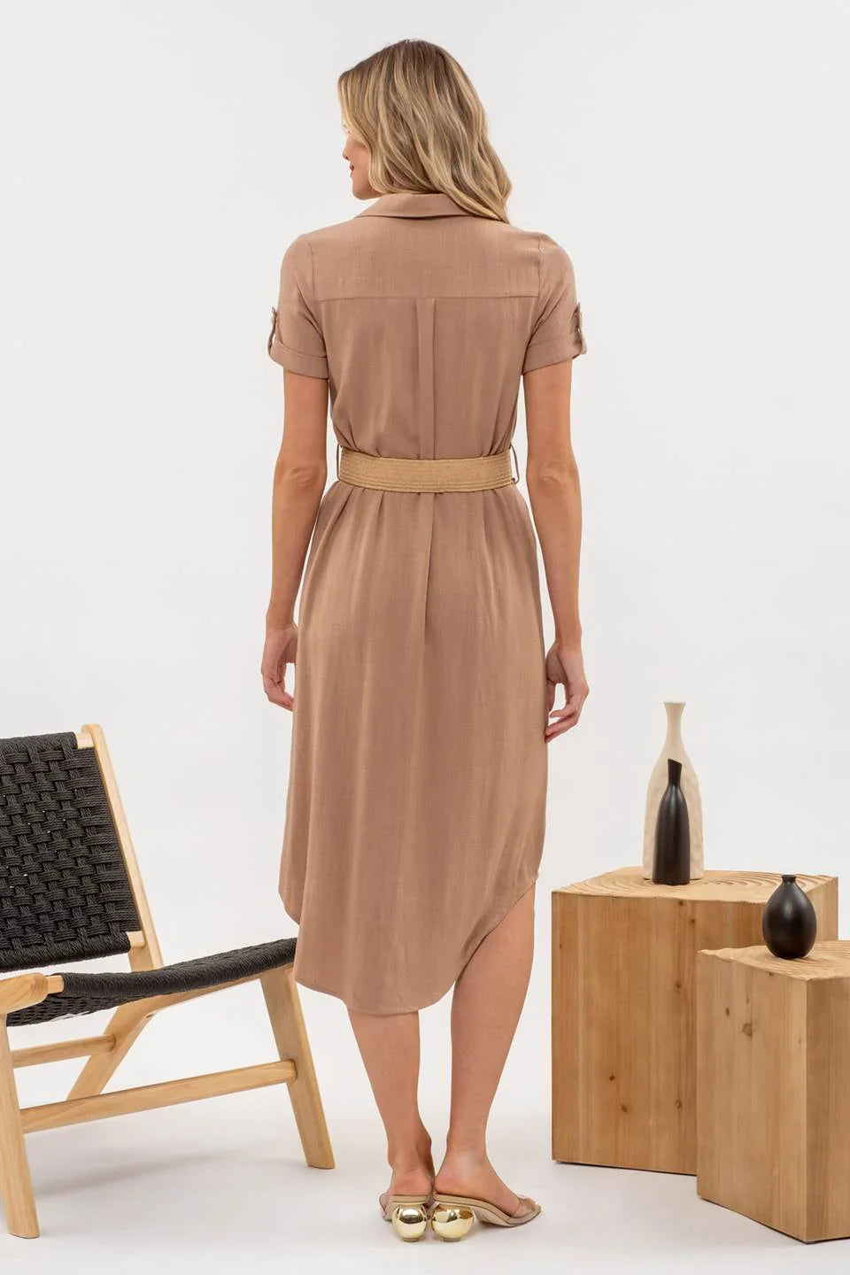 BUTTON DOWN BELTED MIDI DRESS - TAN