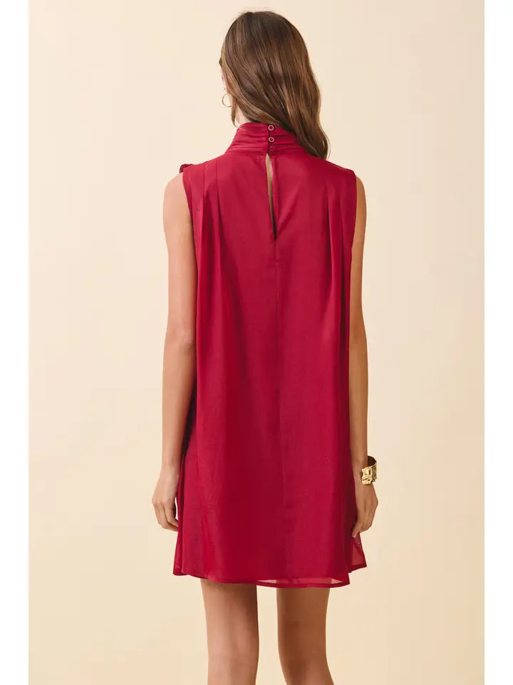 SLEEVELESS MOCK NECK LAYERED RUFFLE ACCENTS DRESS - RED