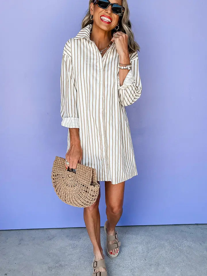 KHAKI STRIPE LONG SLEEVE BUTTON UP MINI SHIRT DRESS