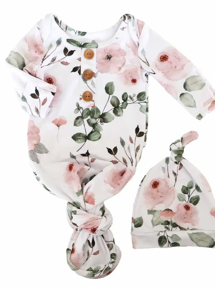 NEWBORN BABY KNOT GOWN & HAT SET - MILLIE'S DUSTY ROSE GARDEN