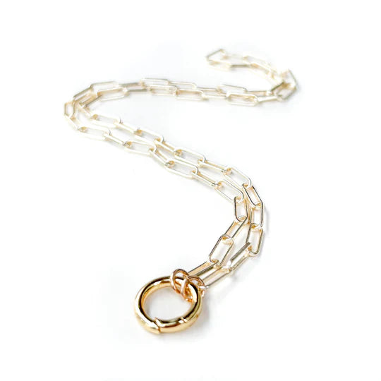 SLIDER STYLE PAPERCLIP NECKLACE W/ PEARL CHARM - GOLD