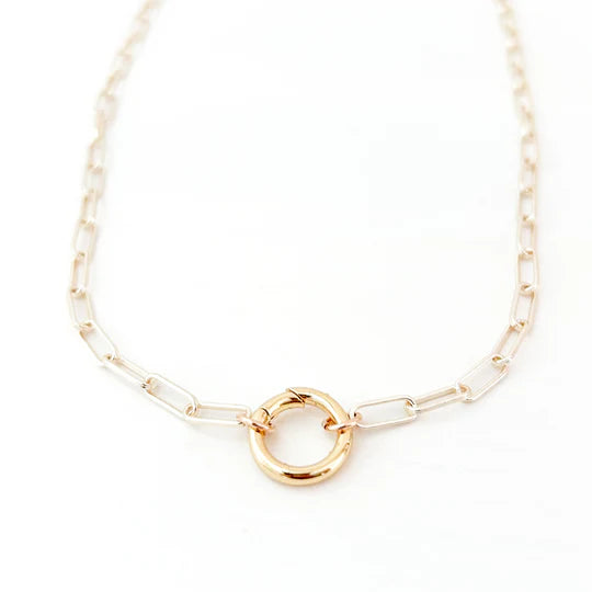 SLIDER STYLE PAPERCLIP NECKLACE W/ PEARL CHARM - GOLD