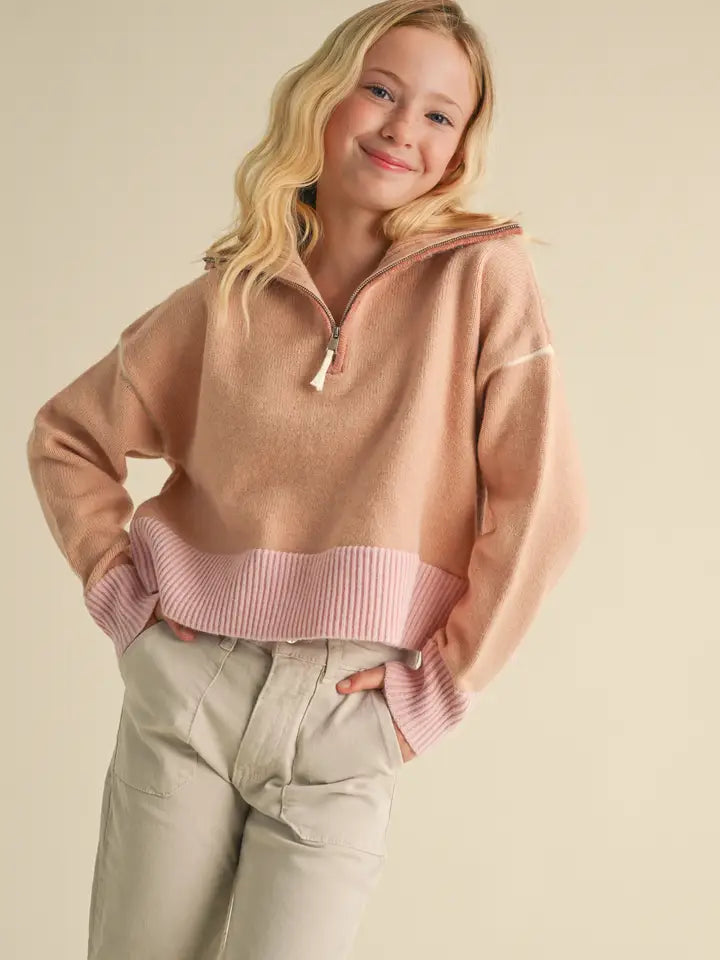 HALF-ZIP SAILOR COLLAR SWEATER - PEACH/PINK