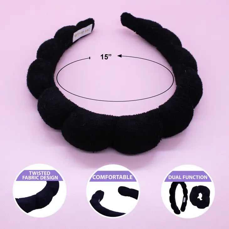 PUFFY TERRY CLOTH PADDED SPA HEADBAND WITH SCRUNCHIES - BLACK