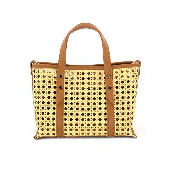 LARA RATTAN BAG WITH CONTRAST TRIM - TAN