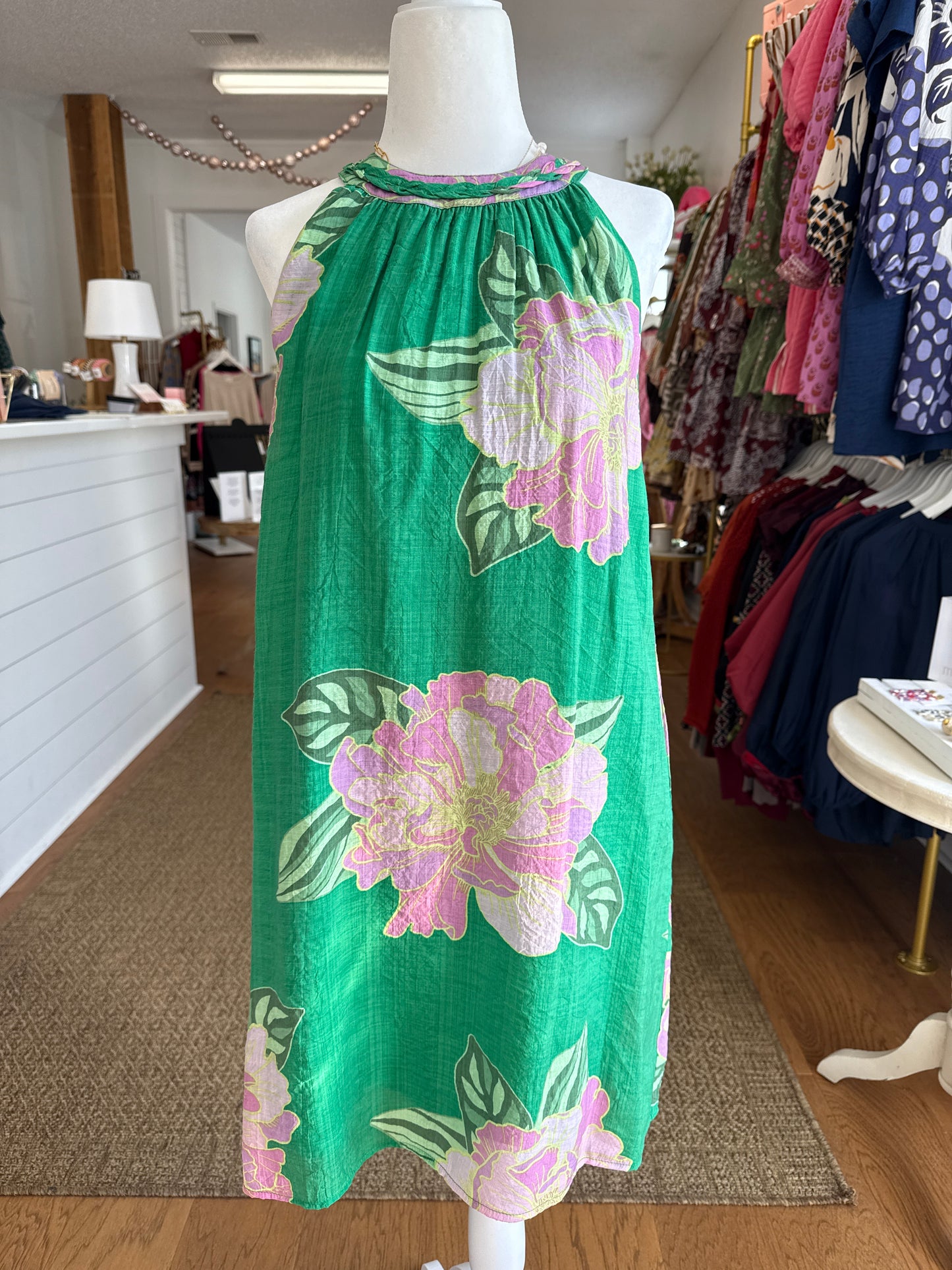 FLORAL PRINT HALETR DRESS - GREEN