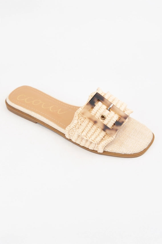 TORTOISE BUCKLE SCALLOP RAFFIA SLIDE - NATURAL
