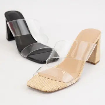 CLEAR STRAP MULE BLOCK HEELS TAN/GOLD RAFFIA