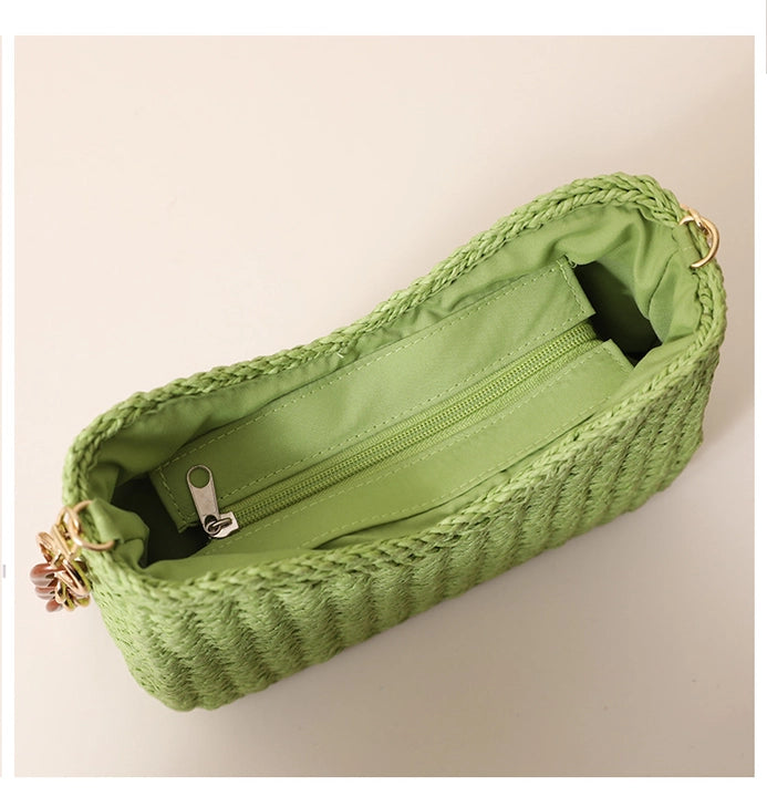 STRAW SHOULDER BEACH BAG - KHKAI