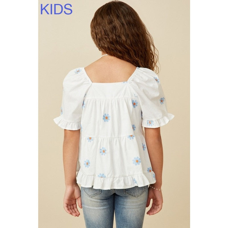 GIRLS DAISY EMBROIDERED SQUARE NECK TOP - BLUE
