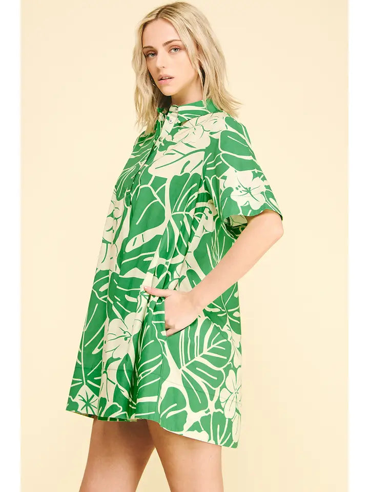FLORAL PRINT BUTTON DOWN MINI DRESS - GREEN