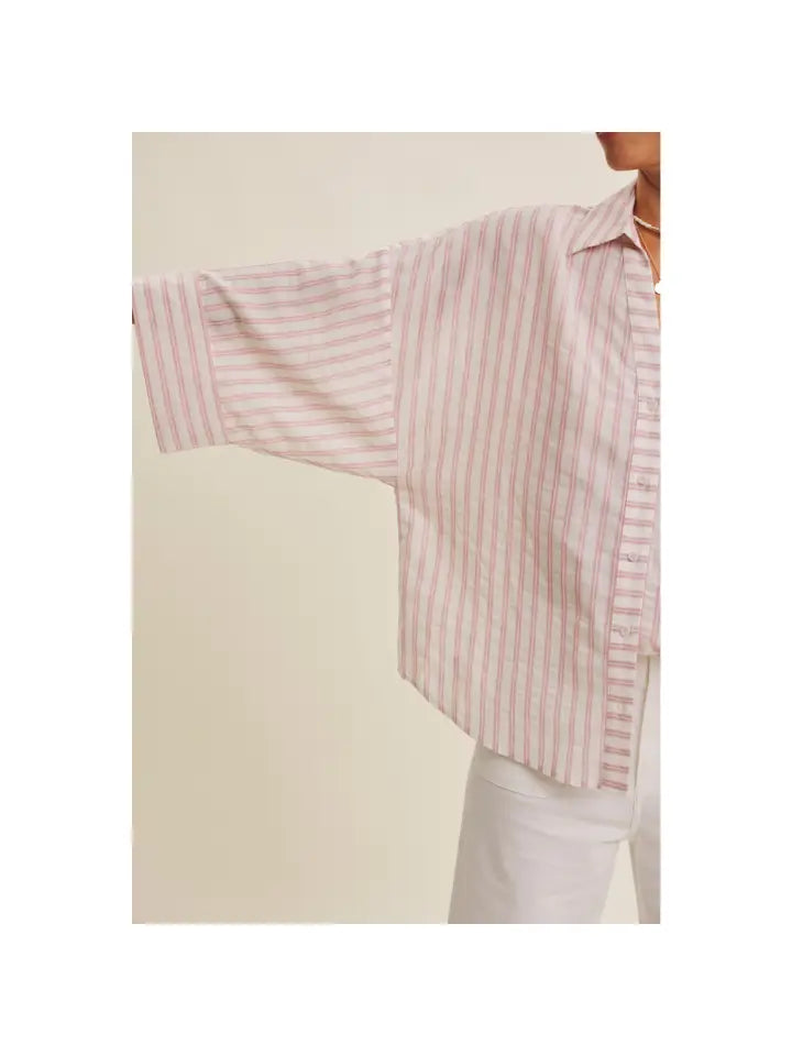PERFECT TRANSITIONAL STRIPE BUTTON DOWN SHIRT WITH WIDE SLEEVES - INDIAN RED