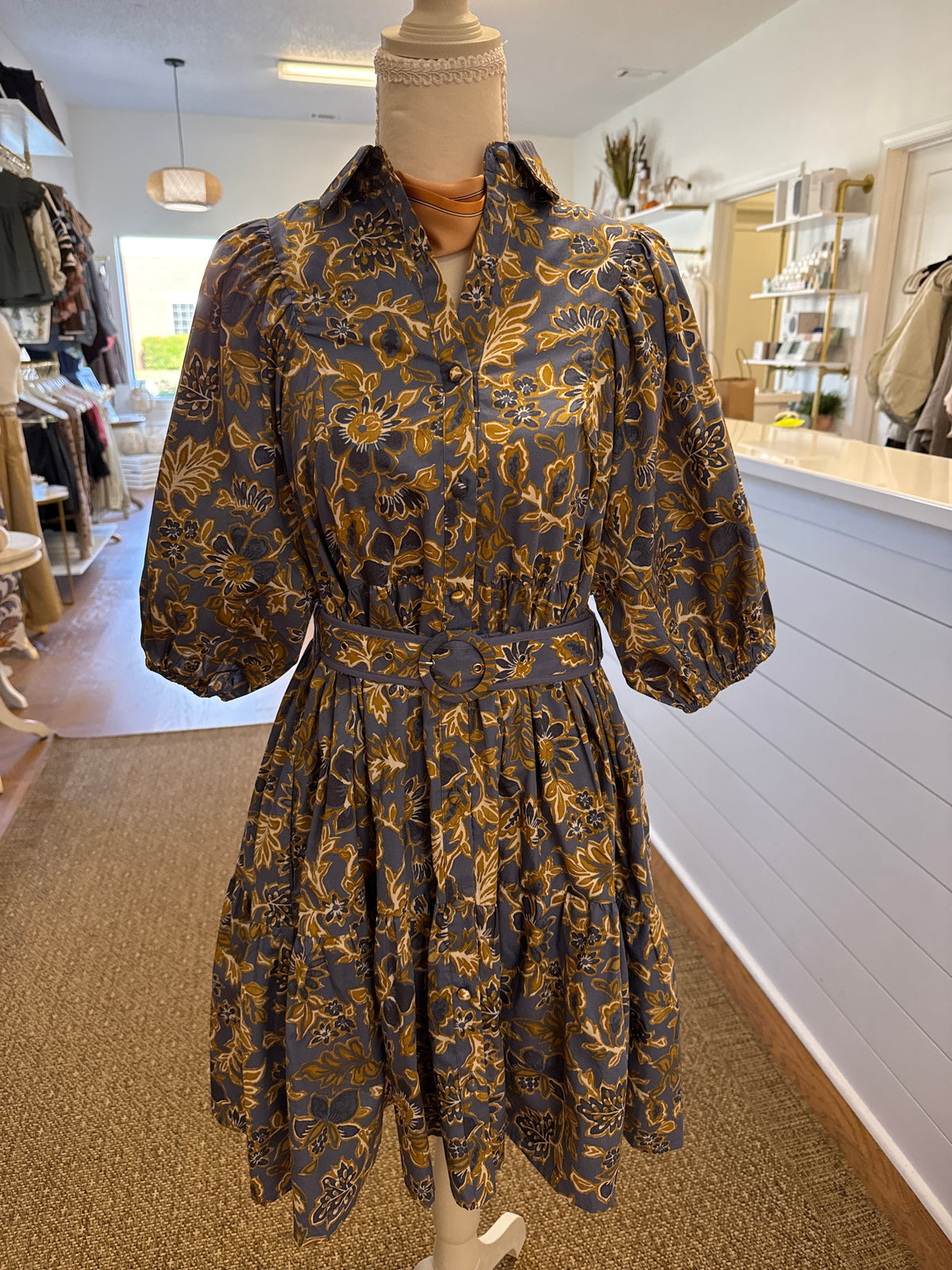 FLORAL BELTED MINI DRESS - BLUE GREY GOLD