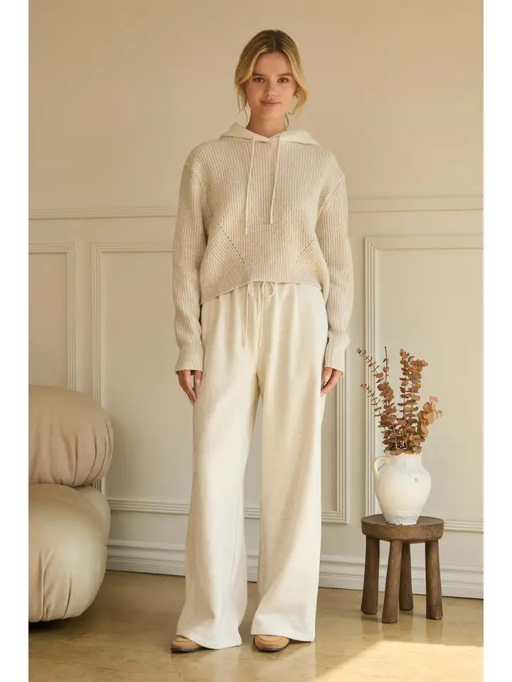 KNITTED HOODIE MIXED MEDIA SWEATER - OATMEAL