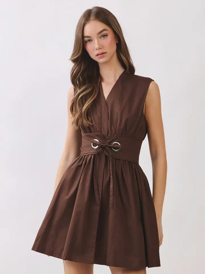 SLEEVELESS FIT FLARE & FLARE WAIST BELT MINI DRESS - CHOCOLATE