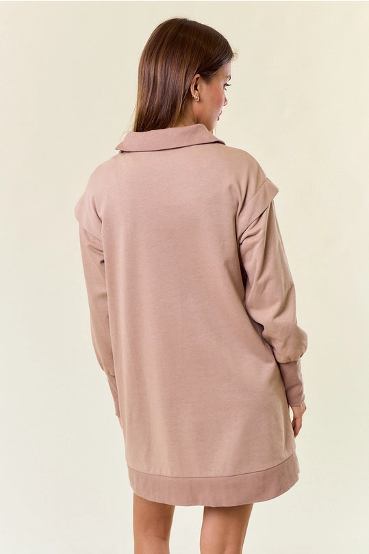 FRENCH HALF ZIP SWEATSHIRT DRESS - LATTE