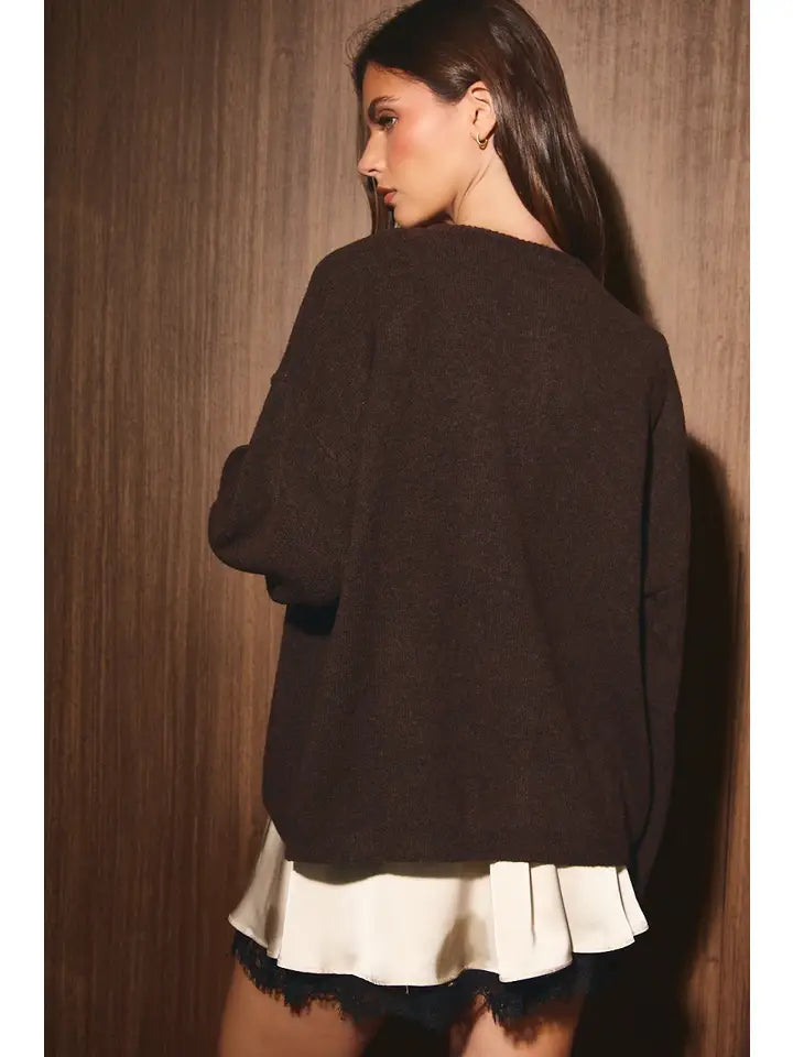OVERSIZED LIGHTWEIGHT CREW NECK SWEATER CARDIGAN - DK BROWN