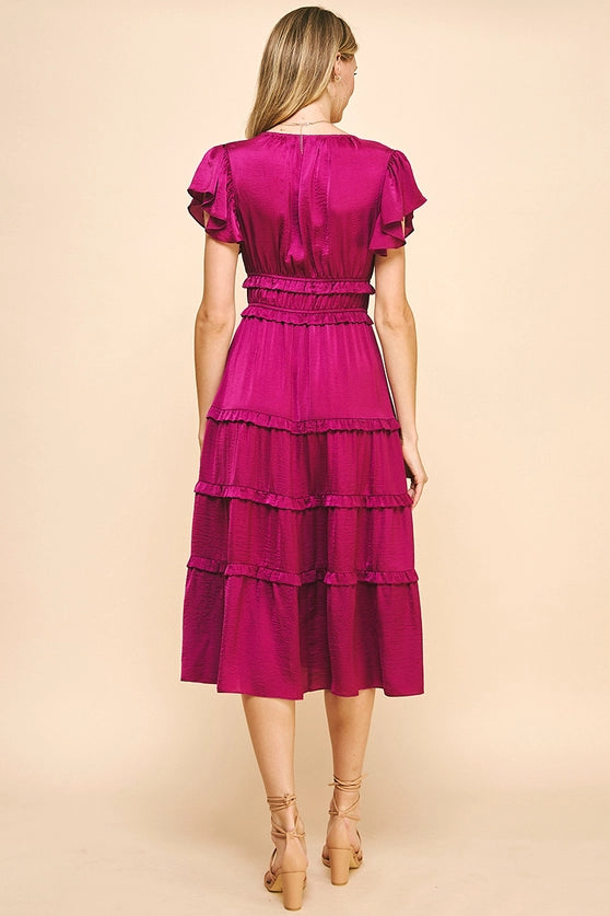 V NECK TIERED MIDI DRESS - BERRY
