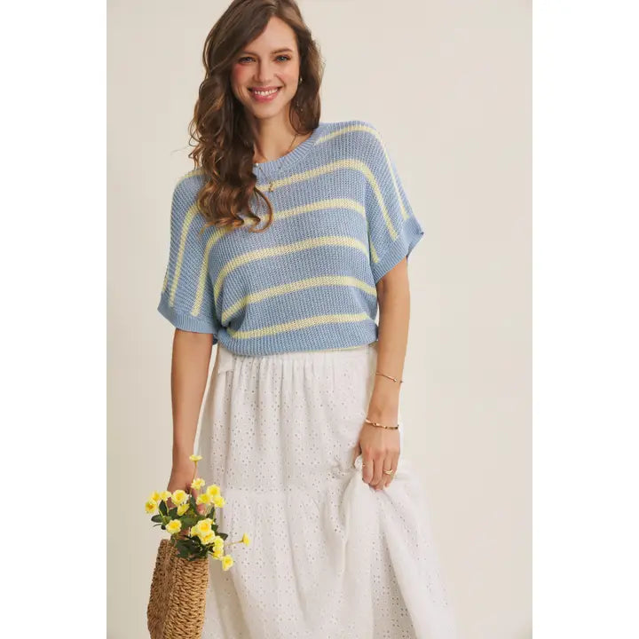 GO-TO FAVORITE RELAXED FIT STRIPE SWEATER - LIGHT BLUE/LEMON CREAM