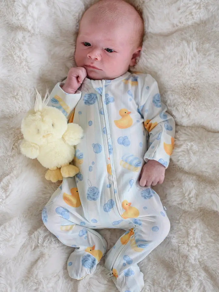 BAMBOO ZIPPER FOOTIE PAJAMAS BUBBLE DUCKIES BLUE
