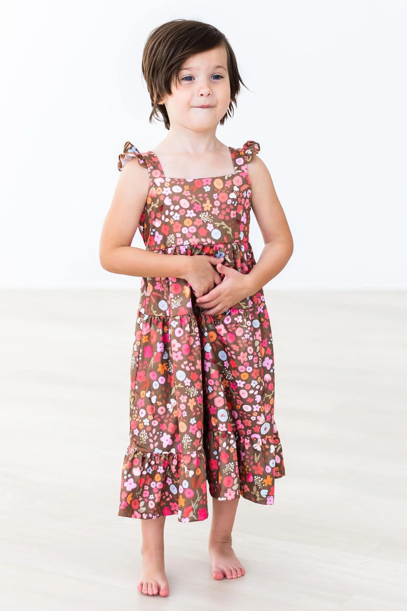 WILD PAINTBRUSHES RUFFLE MAXI DRESS