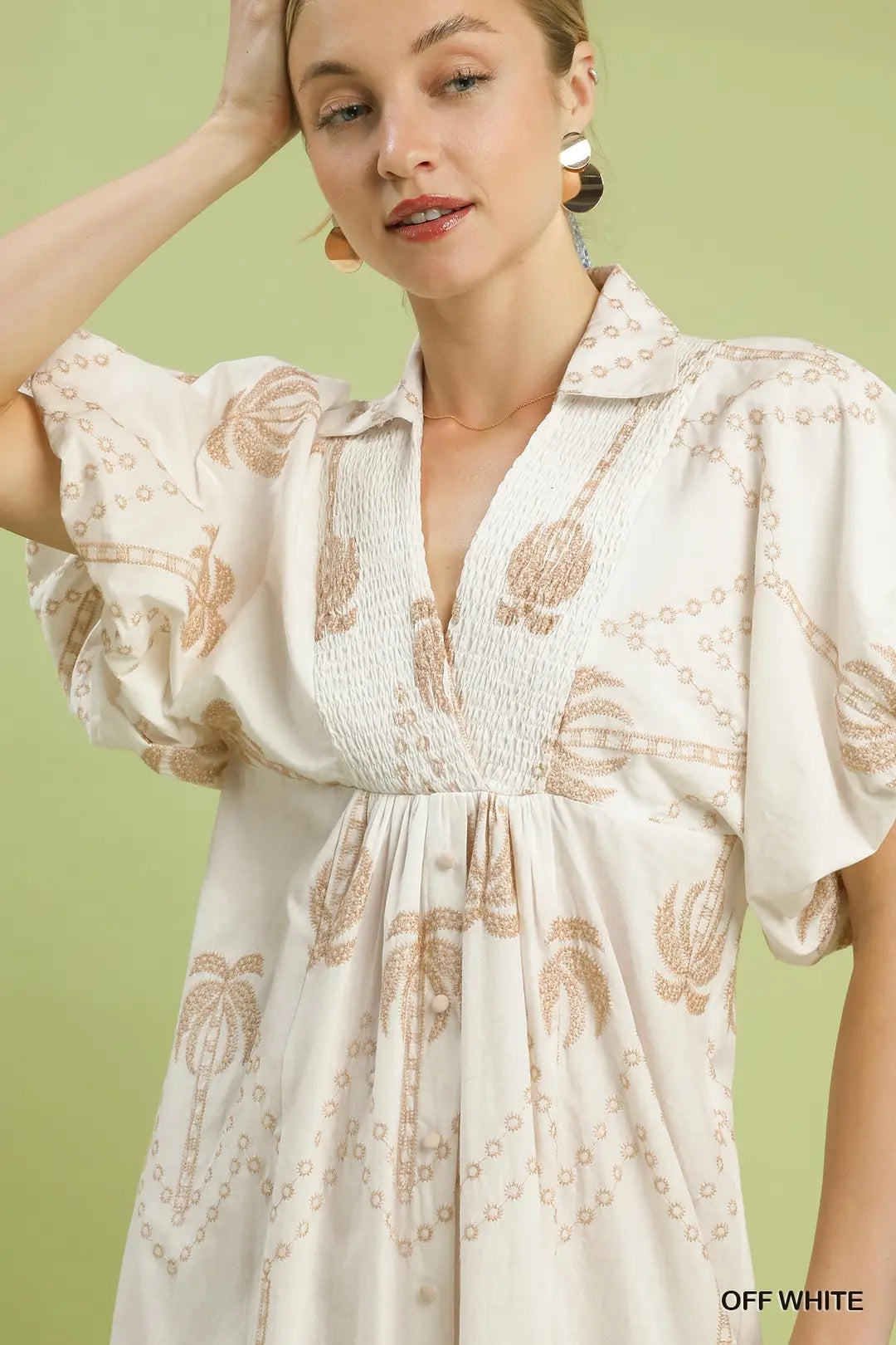 EMBROIDERED PUFF SLEEVE MIDI DRESS - OFF WHITE
