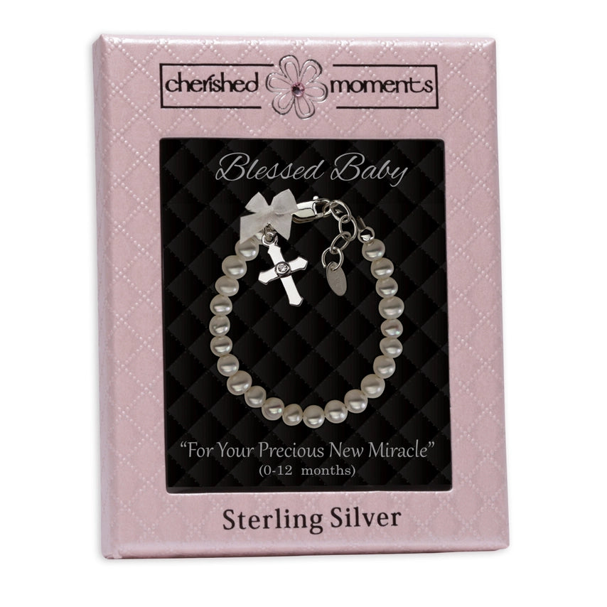 STERLING SILVER PEARL BABY CROSS BRACELET(0-1Y)
