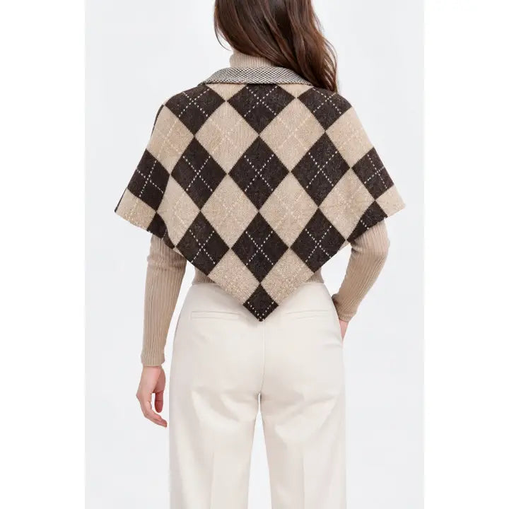 ARGYLE KNIT TRIANGLE SCARF SHAWL - COOFFE BROWN & BEIGE