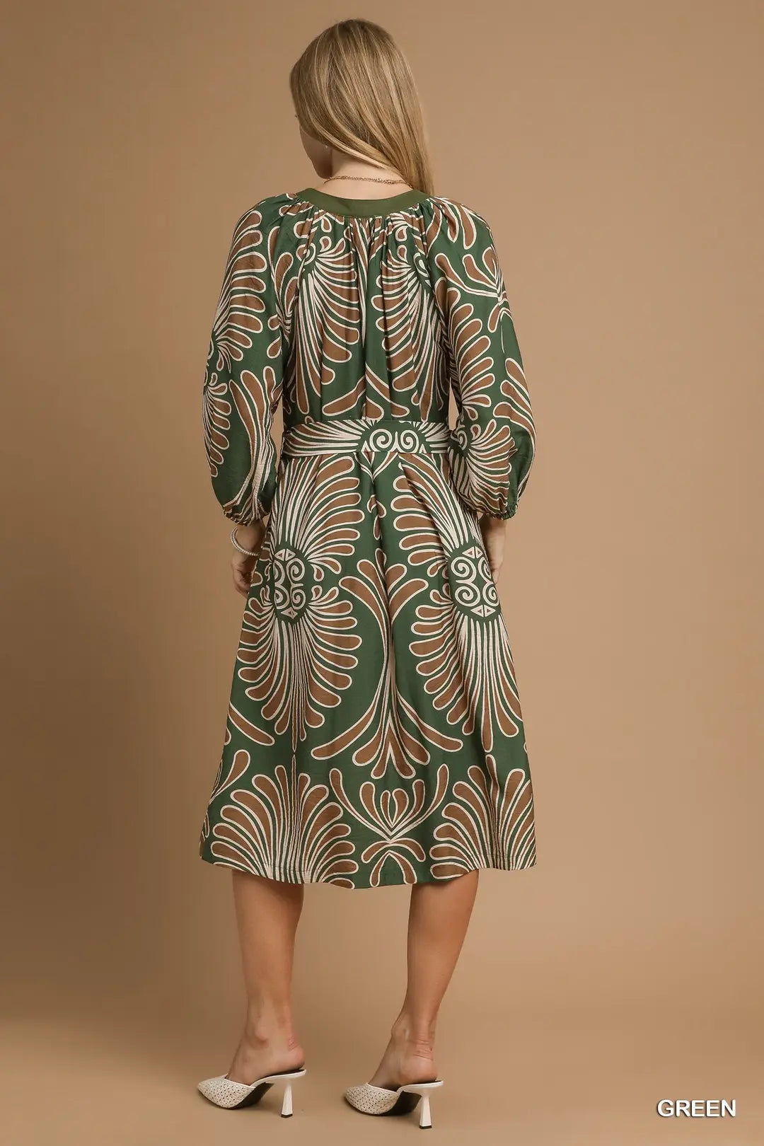 ABSTRACT PRINT MIDI DRESS - GREEN