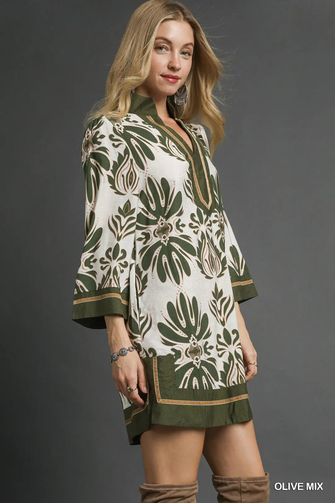 BAROQUE FLORAL TUNIC TOP WITH GOLD TRIM - OLIVE MIX
