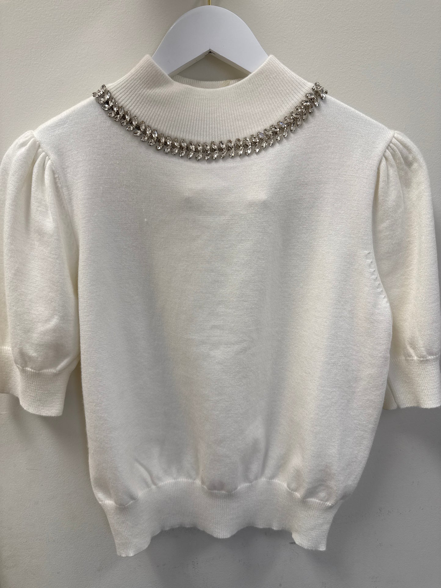 HALF PUFFY SLEEVE MOCK NECK SWEATER WITH BEADING