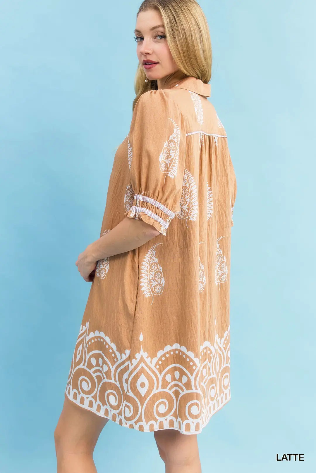 PAISLEY MANDALA PRINT BABYDOLL DRESS - LATTE