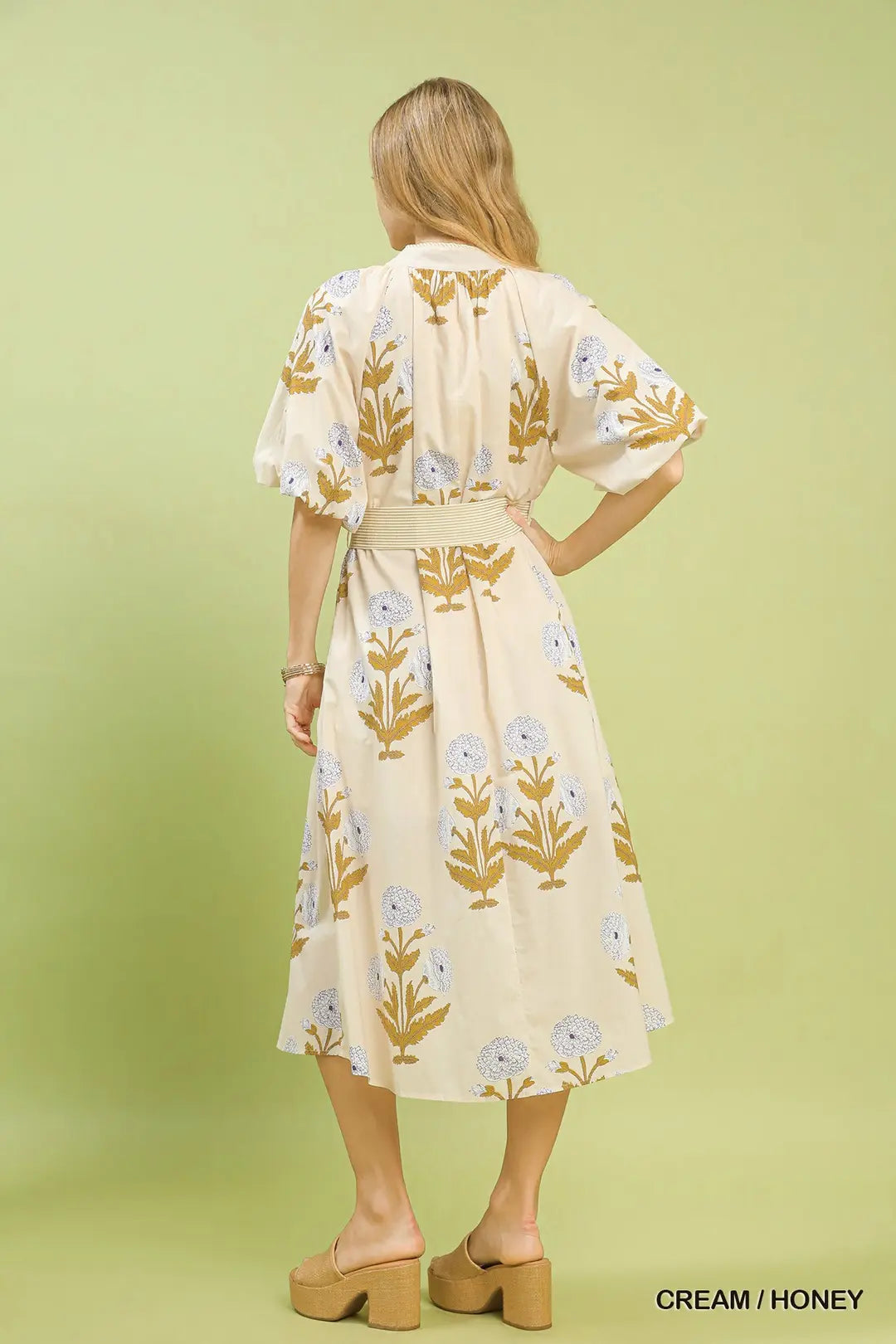 FLORAL PRINT V-NECK MAXI DRESS - CREAM/HONEY