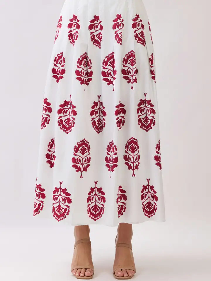 FLORAL PRINT SIDE ZIPPER COTTON MAXI SKIRT - BURGUNDY