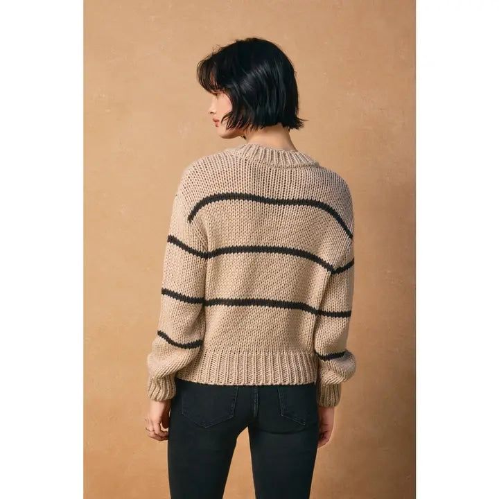 FLUFFY STRIPED BUTTON DOWN CARDIGAN - SAND/CHARCOAL