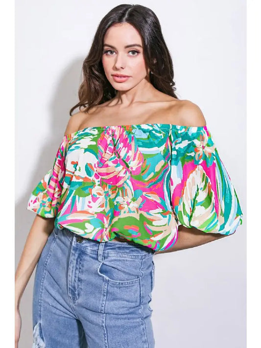 PRINTED WOVEN TOP - GREEN/PINK